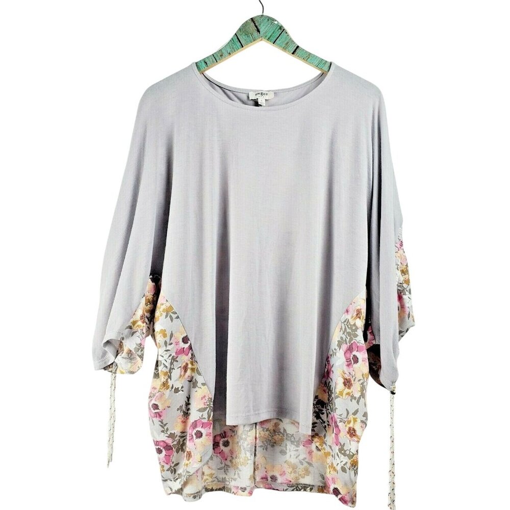 Umgee Women's Floral Hi Lo Oversize Peasant Top Toggle Cinching Sleeve Sz S EUC